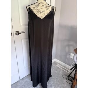 H&M Black Spaghetti Strap Midi Slip Dress Rear Slit Lace Accent Size L V-neck
